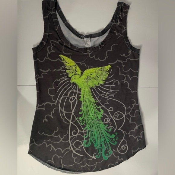 Prana Woman Tank Top Size Med Green Gray Lightweight Stretch Top Bird Graphic - Picture 1 of 7